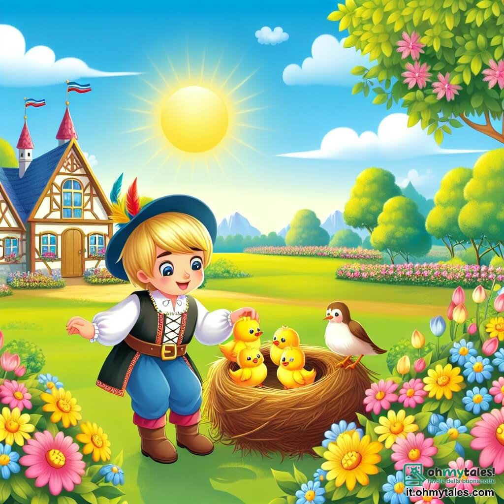 Une illustration destinée aux enfants représentant un garçon qui découvre un nid de oiseaux avec ses petits poussins, accompagné de sa maman, dans un parc enchanté rempli de fleurs colorées et de prairies verdoyantes, éclairé par le doux soleil printanier.