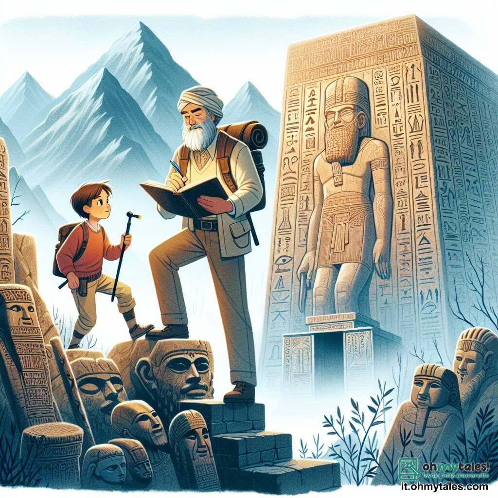 Une illustration destinée aux enfants représentant un archéologue barbu et passionné, accompagné d'un jeune assistant curieux, explorant un ancien temple orné de hiéroglyphes mystérieux, situé au sommet d'une montagne brumeuse.