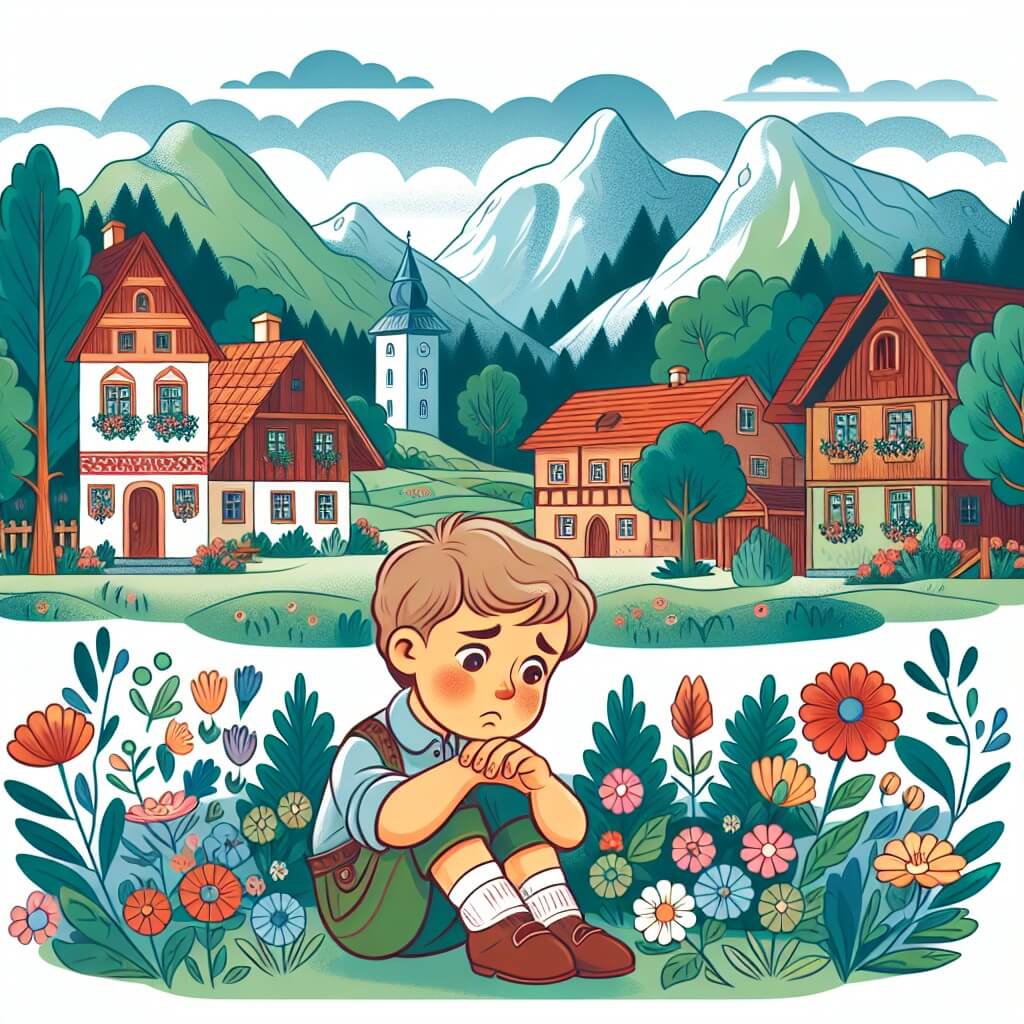 Une illustration destinée aux enfants représentant un jeune garçon solitaire, confronté à la perte d'un ami cher, dans un paisible village entouré de montagnes verdoyantes et de fleurs colorées.