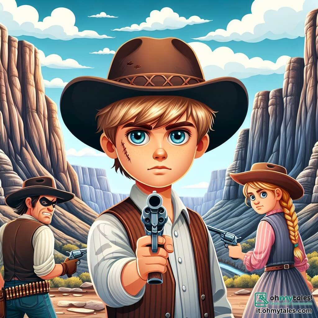 Une illustration sous forme de dessin destinée aux enfants représentant un vaste canyon de Blackstone, avec des parois rocheuses majestueuses et un ciel bleu éclatant, où un jeune cowboy aux cheveux blonds ébouriffés et aux yeux azur, armé de son revolver, se tient courageusement face à un grand fuorilegge au visage marqué par une cicatrice, tandis que deux cowgirls, l'une avec des cheveux bruns tressés et l'autre portant un chapeau de cowboy, se préparent à l'aider dans un combat palpitant contre une bande de fuorilegge, illustrant le thème de l'amitié et du courage dans l'Ouest sauvage.
