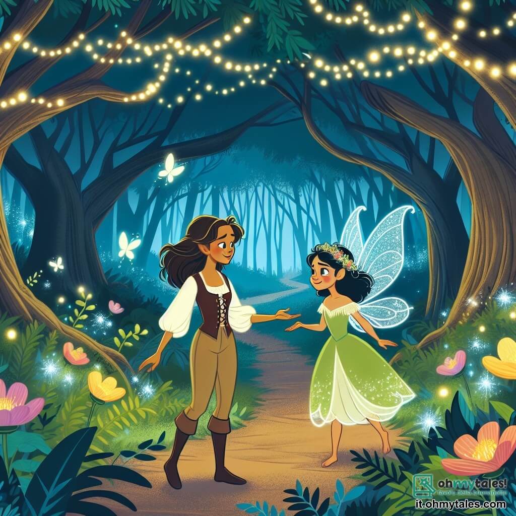 Une illustration destinée aux enfants représentant une jeune femme courageuse, perdue dans un mystérieux bosquet enchanté, rencontrant une fée étincelante et bienveillante, dans un bosquet luxuriant aux arbres centenaires, aux fleurs lumineuses et aux sentiers illuminés par des lucioles dansantes.