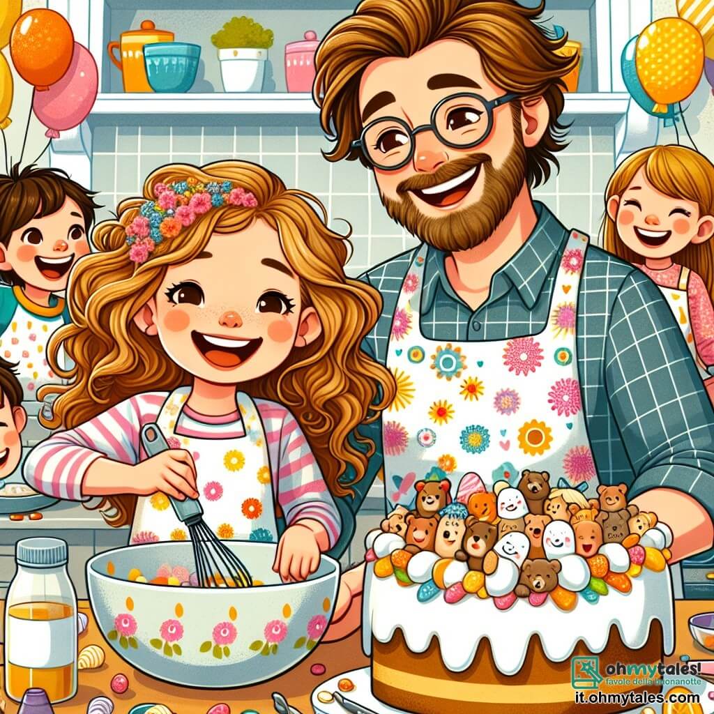 Une illustration sous forme de dessin destinée aux enfants représentant une cuisine colorée et ensoleillée, avec une petite fille de 5 ans aux cheveux bouclés et dorés, portant un tablier à motifs de fleurs, qui mélange joyeusement des ingrédients dans un grand saladier, tandis qu'un homme au sourire chaleureux, avec une barbe légère et des lunettes, observe avec émerveillement, et un groupe d'amis enfants, dont une fille aux cheveux bruns et un garçon aux cheveux blonds, qui rient et se préparent à célébrer une fête des pères surprise, entourés de ballons colorés et d'une grande torta décorée de marshmallows en forme d'ours.