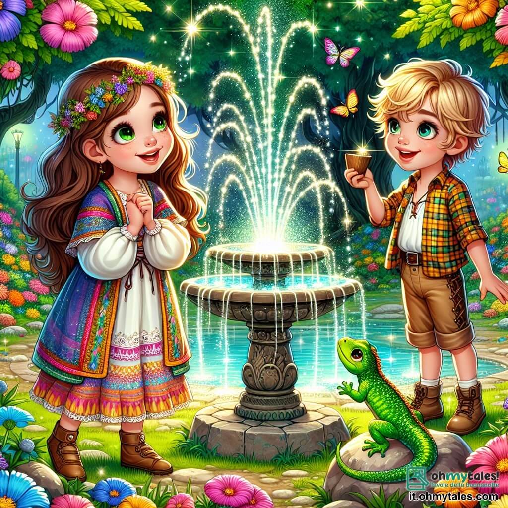 Illustrazione che rappresenta una scena magica accanto a una fontana scintillante, circondata da fiori colorati e alberi maestosi con foglie vibranti. L'acqua della fontana sprizza in scintille, creando un arcobaleno di luce nell'aria. In primo piano, una giovane ragazza con lunghi capelli castani, vestita con una tunica colorata e pantaloni corti pratici, sorride con meraviglia. I suoi occhi brillanti riflettono l'emozione dell'avventura e tiene in mano un piccolo bicchiere di legno, pronta a bere l'acqua della fontana. Accanto a lei, un ragazzo di circa nove anni, con capelli biondi disordinati e una camicia a quadri, osserva la fontana con ammirazione, curioso ed entusiasta, con le mani sui fianchi, pronto a condividere questo momento magico. Un po' più in là, un iguana verde con scaglie scintillanti si trova su una pietra, guardando i due bambini con un'espressione amichevole, pronta a guidarli nella loro avventura. La scena principale mostra i bambini sul punto di realizzare il loro desiderio bevendo l'acqua della fontana, circondati da un'atmosfera di magia e amicizia, con i raggi di sole che filtrano tra gli alberi, aggiungendo un tocco di calore a questa scena incantata.