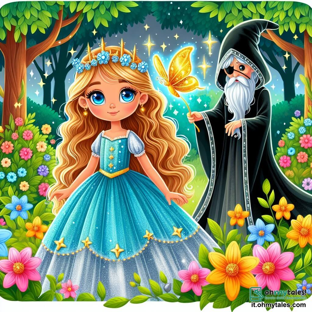 Une illustration sous forme de dessin destinée aux enfants représentant un jardin enchanté, rempli de fleurs colorées et d'arbres majestueux, où une princesse aux cheveux dorés scintillants et aux yeux bleus éclatants, vêtue d'une robe bleue ornée d'étoiles d'argent, se tient courageusement face à un stregone maléfique au manteau noir, tandis qu'une farfalla dorata se pose délicatement sur son épaule, symbolisant l'espoir et la magie, alors qu'ils se préparent à un affrontement pour récupérer la gemme de la lumière volée.