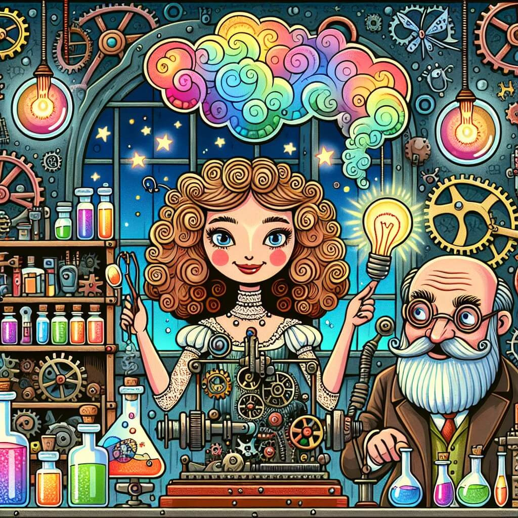 Une illustration destinée aux enfants représentant une femme brillante et excentrique, entourée de machines étranges, qui crée une invention farfelue avec l'aide d'un inventeur sage et barbu, dans un laboratoire coloré rempli d'engrenages, de fumées colorées et d'étagères remplies de bocaux mystérieux, dans la petite ville de Fantasiville.