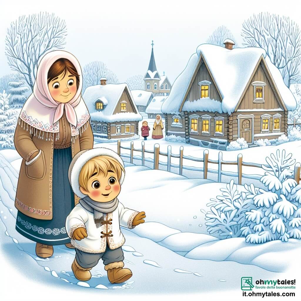 Une illustration destinée aux enfants représentant un petit garçon aux grands yeux curieux, découvrant la neige pour la première fois, accompagné de sa maman, dans un petit village recouvert d'un épais manteau blanc, avec des maisons aux toits pointus et des arbres givrés.