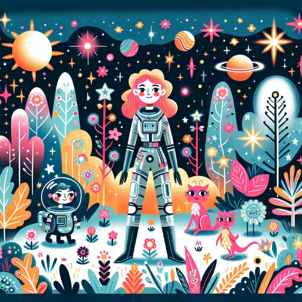 Une illustration destinée aux enfants représentant une femme intrépide, vêtue d'une combinaison spatiale brillante, qui explore une forêt cosmique remplie d'arbres lumineux et de fleurs stellaires, accompagnée de créatures extraterrestres adorables.
