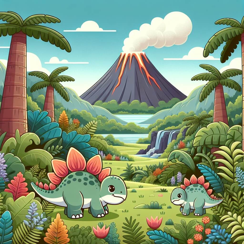 Une illustration destinée aux enfants représentant un adorable stégosaure explorant un monde préhistorique, accompagné d'un brontosaure, à la découverte d'un volcan en éruption au milieu d'une vaste forêt luxuriante peuplée de fougères géantes et de plantes exotiques.