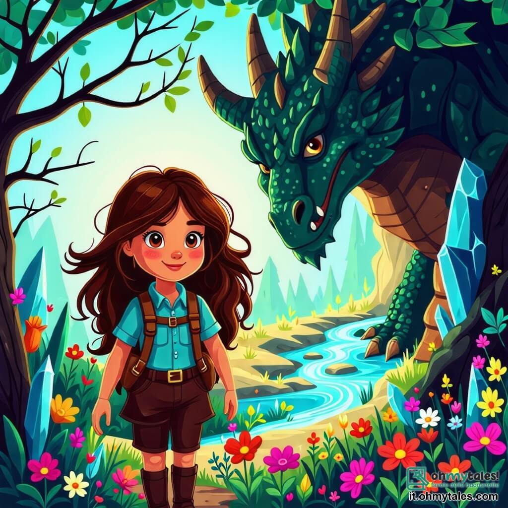Une illustration destinée aux enfants représentant une intrépide exploratrice aux longs cheveux châtains et aux yeux pétillants de curiosité, naviguant avec détermination à travers une forêt luxuriante où les arbres géants, aux feuilles scintillantes comme des émeraudes, se dressent majestueusement, accompagnée de son fidèle ami, un garçon astucieux au sourire espiègle, alors qu'ils cherchent un drago bienveillant caché dans une grotte mystérieuse, entourée de fleurs colorées et de ruisseaux cristallins qui serpentent sous un ciel d'azur.