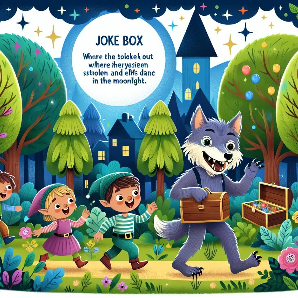 Une illustration destinée aux enfants représentant un loup-garou joyeux se promenant avec ses amis dans une forêt enchantée, à la recherche d'une mystérieuse boîte de blagues volée, dans le village magique où les arbres brillent de mille couleurs et les elfes dansent au clair de lune.