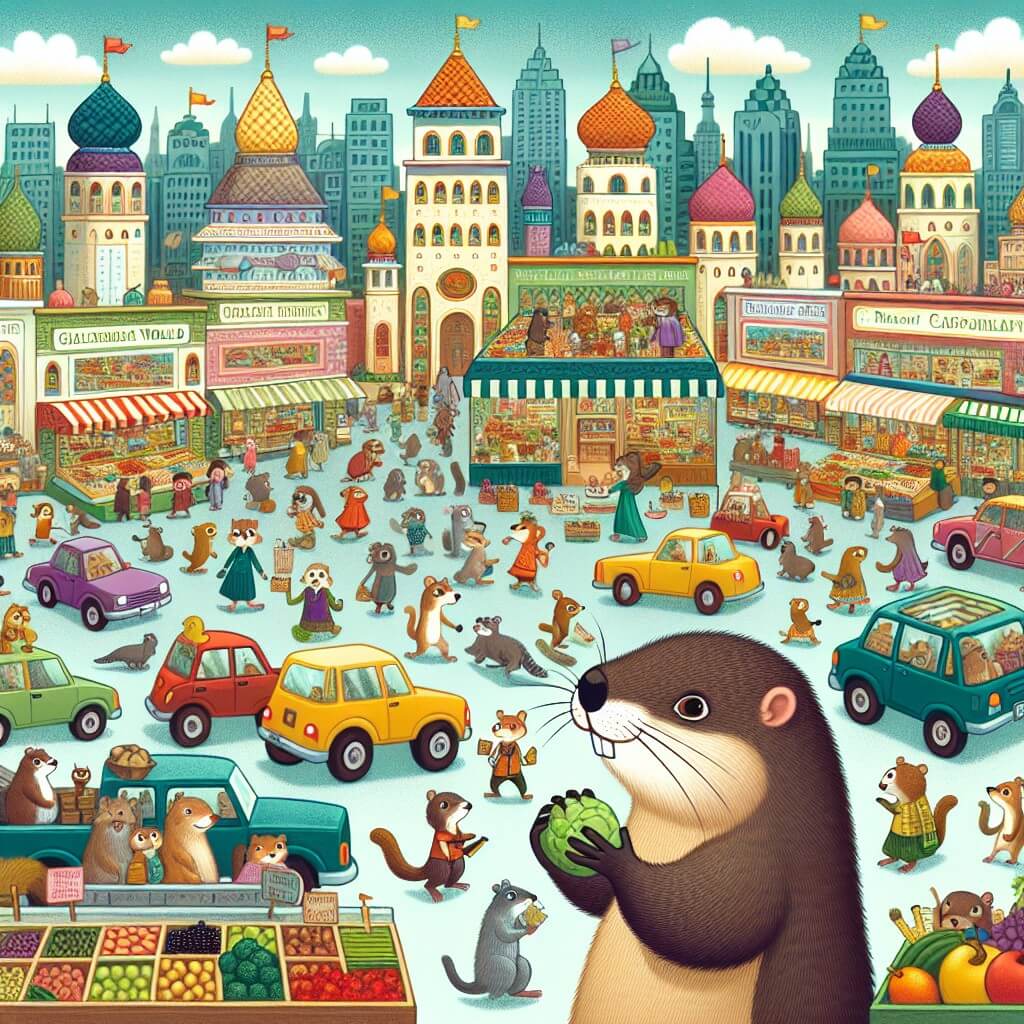 Une illustration destinée aux enfants représentant une marmotte curieuse qui découvre une ville animée remplie d'animaux habillés comme des humains, avec des palais colorés, des rues remplies de voitures et des marchés bondés de fruits et légumes frais.