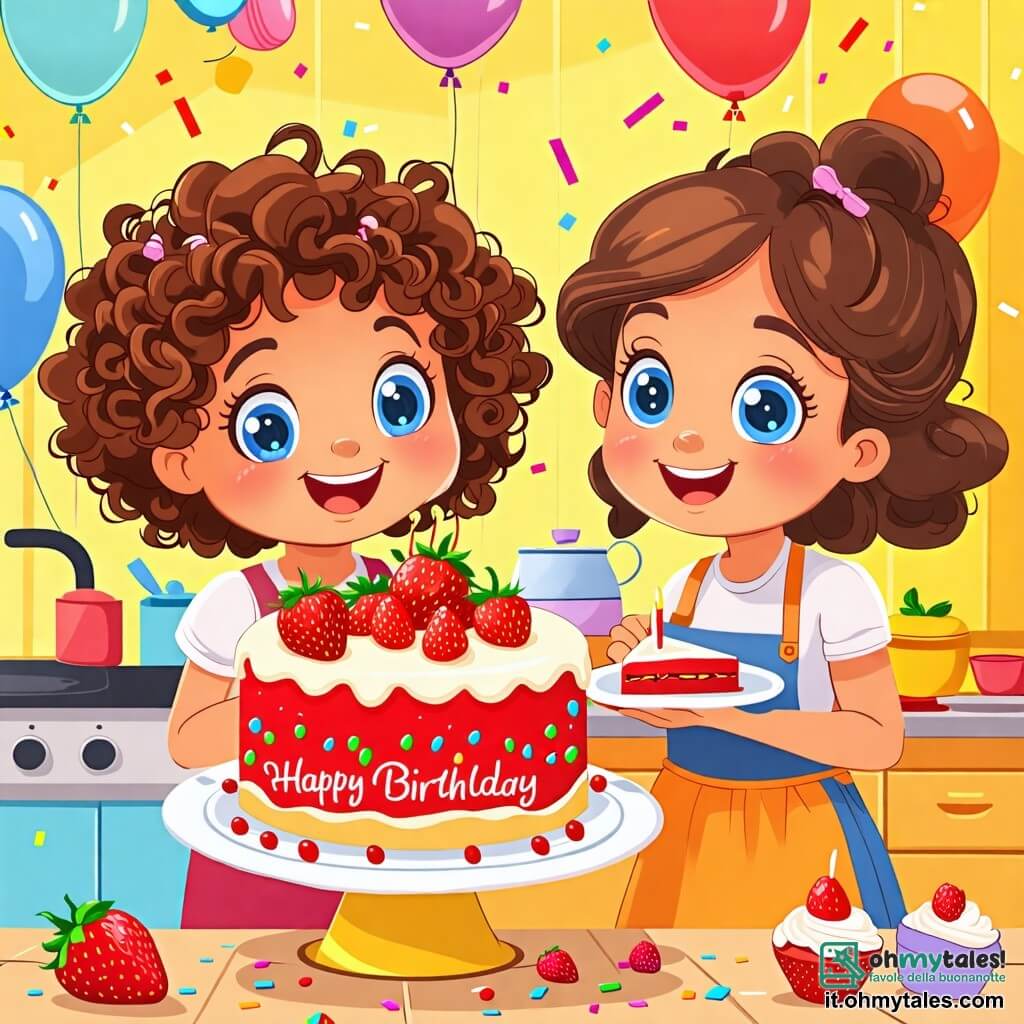 Une illustration sous forme de dessin destinée aux enfants représentant une cuisine chaleureuse et colorée, avec des murs peints en jaune et des décorations de ballons, où une petite fille de 2 ans aux cheveux bouclés et aux grands yeux bleus, souriante et pleine d'énergie, se tient devant une grande et délicieuse gâteau à la fraise, tandis que sa maman, une femme aux cheveux châtains et au sourire doux, lui chante "Joyeux anniversaire" en tenant une assiette avec une part de gâteau, le tout entouré de confettis et de petits jouets d'anniversaire.