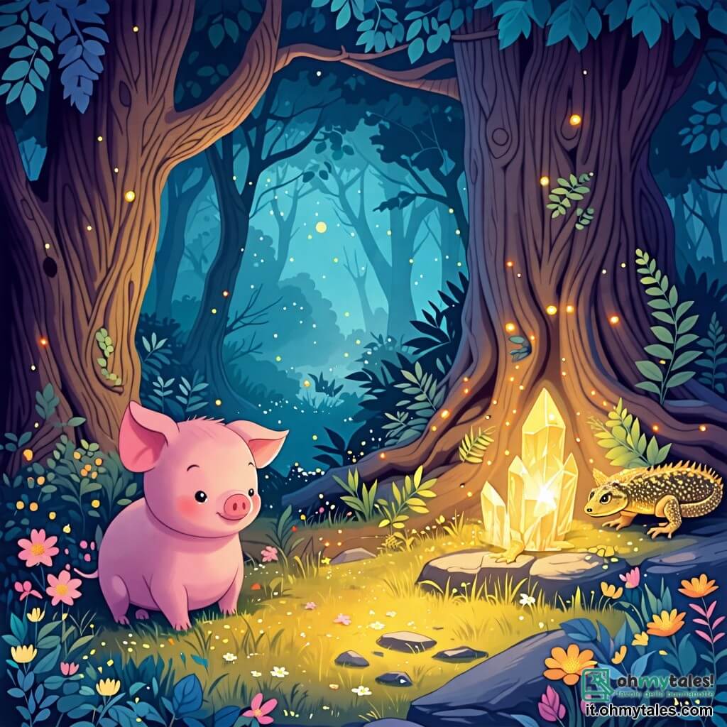 Une illustration sous forme de dessin destinée aux enfants représentant une forêt magique aux arbres hauts et feuillus, avec un petit cochon rose aux yeux pétillants, qui explore joyeusement le sol couvert de fleurs colorées, tandis qu'une lucertola dorata scintillante se tient sur une pierre à ses côtés, lui montrant un magnifique cristallo luminoso caché parmi les racines des arbres, le tout baigné dans une douce lumière dorée qui évoque l'émerveillement et l'aventure.