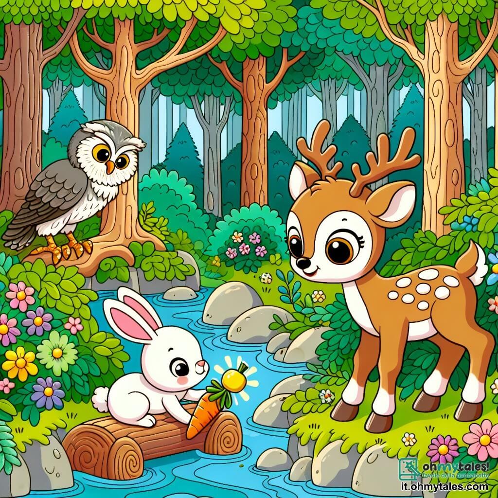 Une illustration sous forme de dessin destinée aux enfants représentant une forêt enchantée, avec de grands arbres aux feuilles vertes éclatantes et des fleurs colorées, où un jeune renne au pelage doux et brun, aux grands yeux curieux, cherche avec détermination une carotte d'or scintillante au bord d'un ruisseau, tandis qu'une petite lapine aux oreilles longues et blanches, visiblement inquiète, l'observe avec espoir, et un sage hibou aux plumes grises les surplombe, prêt à les aider dans leur quête.