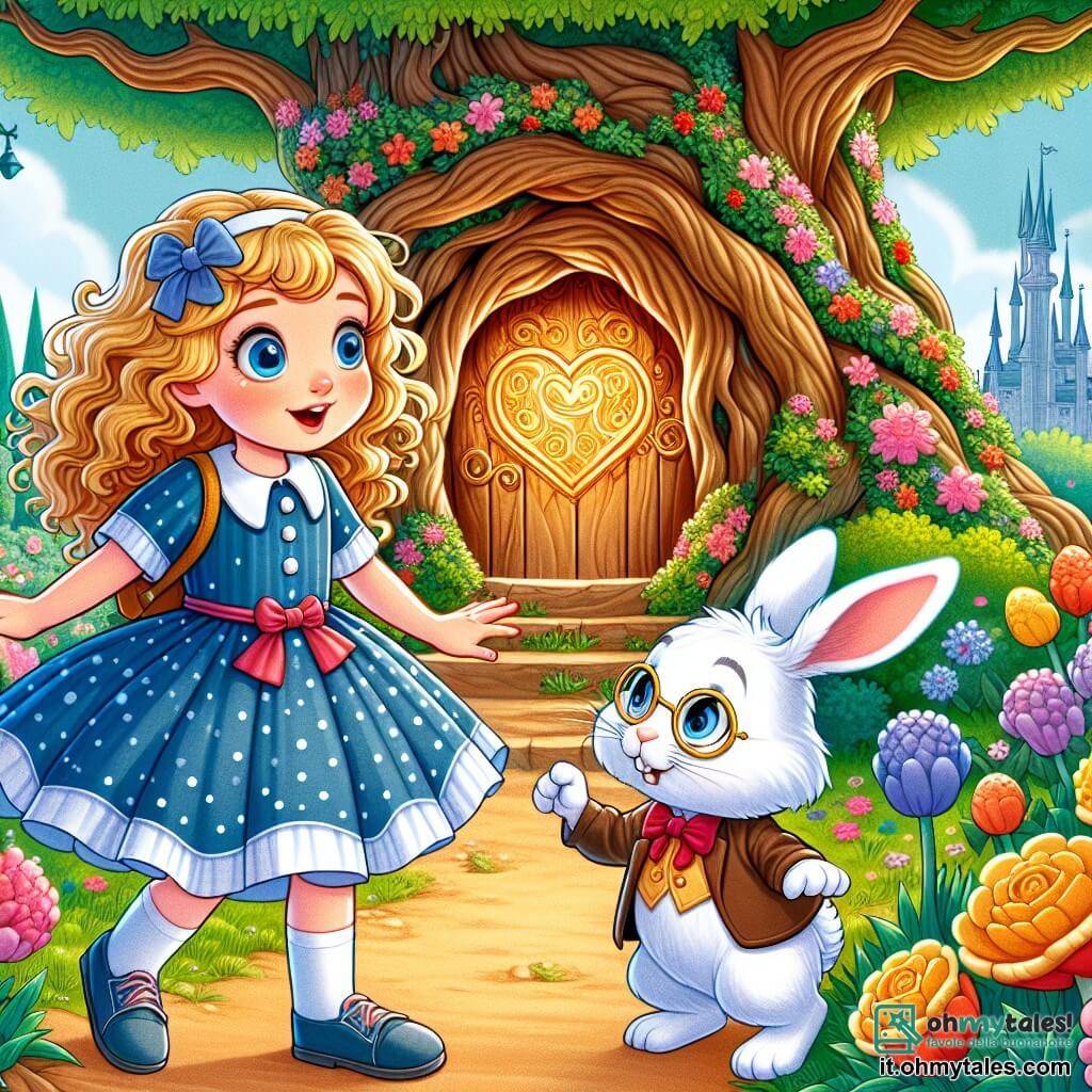 Une illustration sous forme de dessin destinée aux enfants représentant un magnifique jardin enchanté rempli de fleurs colorées et d'arbres majestueux, où une petite fille de 7 ans aux cheveux bouclés et dorés, vêtue d'une robe bleue à pois blancs, se tient émerveillée devant une porte en bois magique incrustée dans un grand arbre, tandis qu'à ses côtés, un adorable lapin blanc aux lunettes rondes et à la cravate rouge, nommé Biscotto, l'encourage avec un sourire malicieux, alors qu'ils se préparent à entrer dans un monde fantastique à la recherche d'un cœur magique volé par une sorcière.