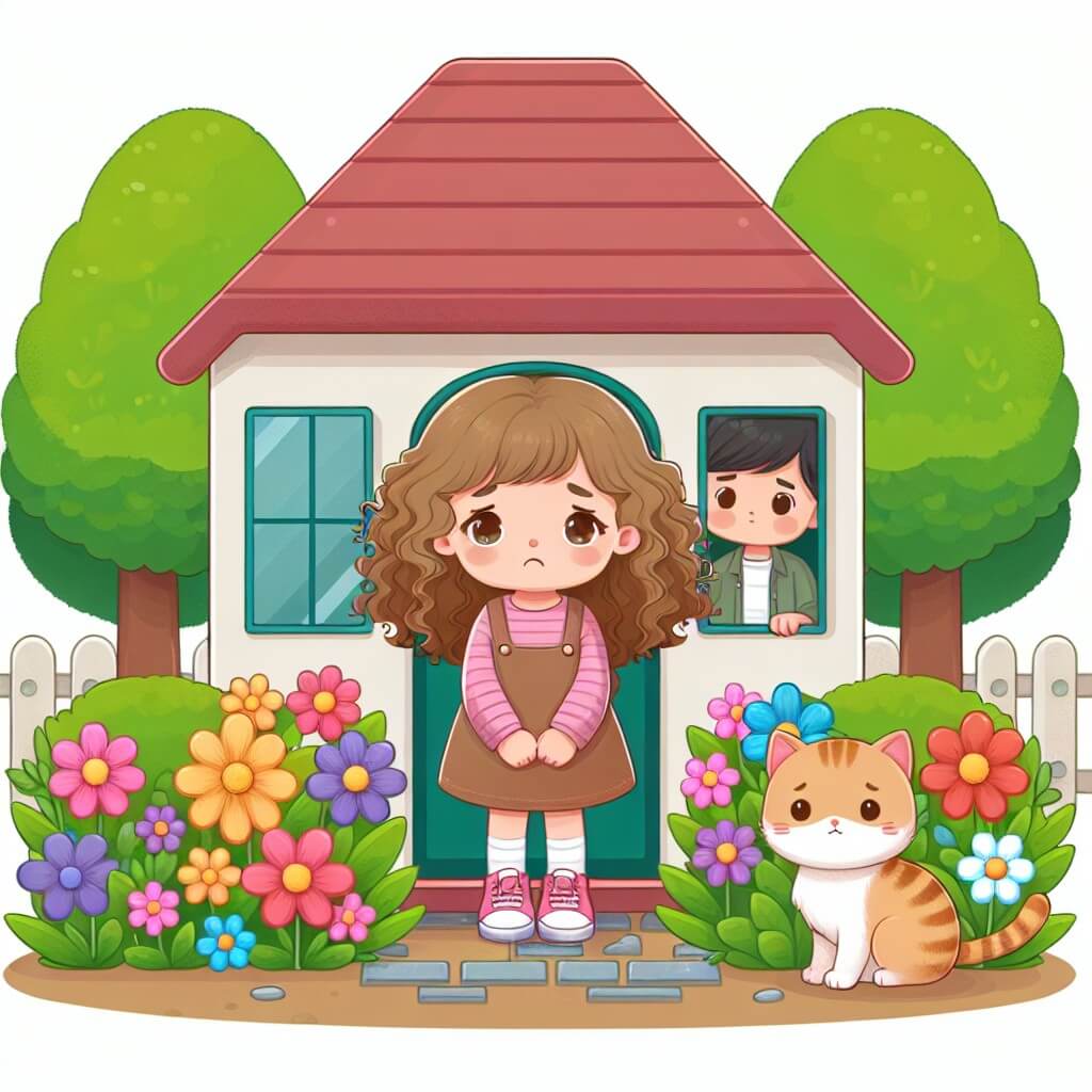 Une illustration destinée aux enfants représentant une petite fille aux cheveux bouclés, vivant une séparation de ses parents, accompagnée d'un adorable chaton, dans une maisonnette entourée d'un jardin fleuri aux couleurs vives.