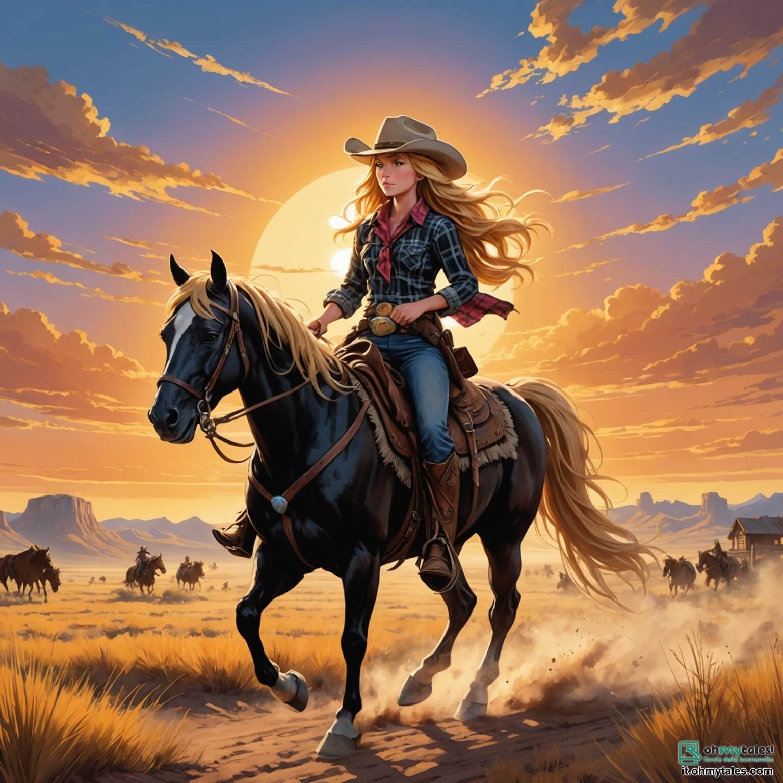 Une illustration destinée aux enfants représentant une courageuse cow-girl aux cheveux dorés flottant au vent, vêtue d'un chapeau de cowboy usé et d'une chemise à carreaux, chevauchant son fidèle destrier noir à travers les vastes prairies dorées du sauvage West, où le soleil couchant embrase le ciel de teintes orangées et roses, tandis qu'elle se dirige résolument vers la ville poussiéreuse de Dusty Creek, où un nouveau scérif, un homme au visage buriné et au cœur vaillant, a besoin de son aide pour capturer une bande de voleurs audacieux qui ont semé le trouble, entourée de montagnes majestueuses et de cactus dressés comme des sentinelles, créant ainsi une scène vibrante d'aventure et de camaraderie.