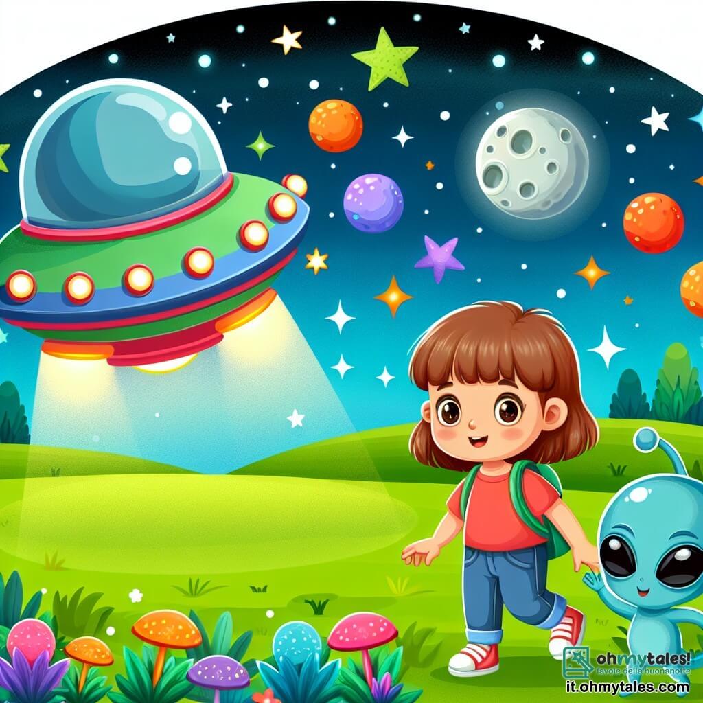 Une illustration destinée aux enfants représentant une jeune fille curieuse découvrant une navicelle spatiale avec des extraterrestres colorés, accompagnée d'un sympathique alien à la peau bleue, dans un champ verdoyant illuminé par une lune brillante et des étoiles scintillantes.
