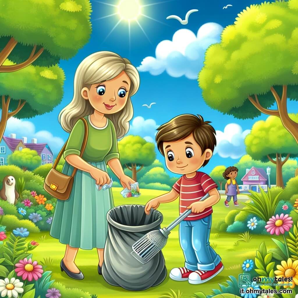 Une illustration destinée aux enfants représentant un petit garçon curieux et plein d'énergie, accompagné de sa maman bienveillante, ramassant des déchets dans un parc verdoyant, parsemé de fleurs colorées et d'arbres majestueux, sous un ciel bleu et ensoleillé.