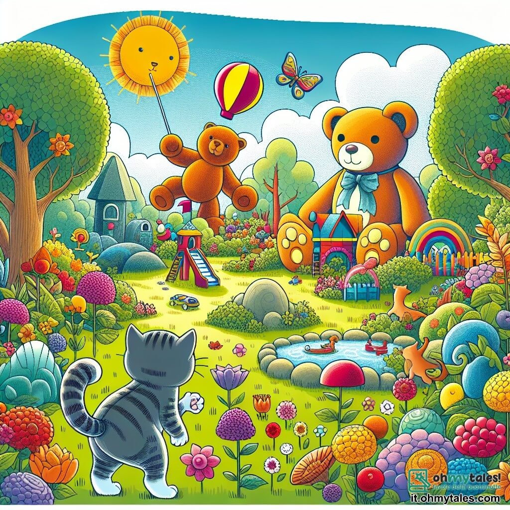 Une illustration destinée aux enfants représentant un chat curieux découvrant un monde fantastique de jouets géants avec l'aide d'un orsacchiotto en peluche, dans un jardin ensoleillé rempli de fleurs colorées et d'arbres fruitiers.