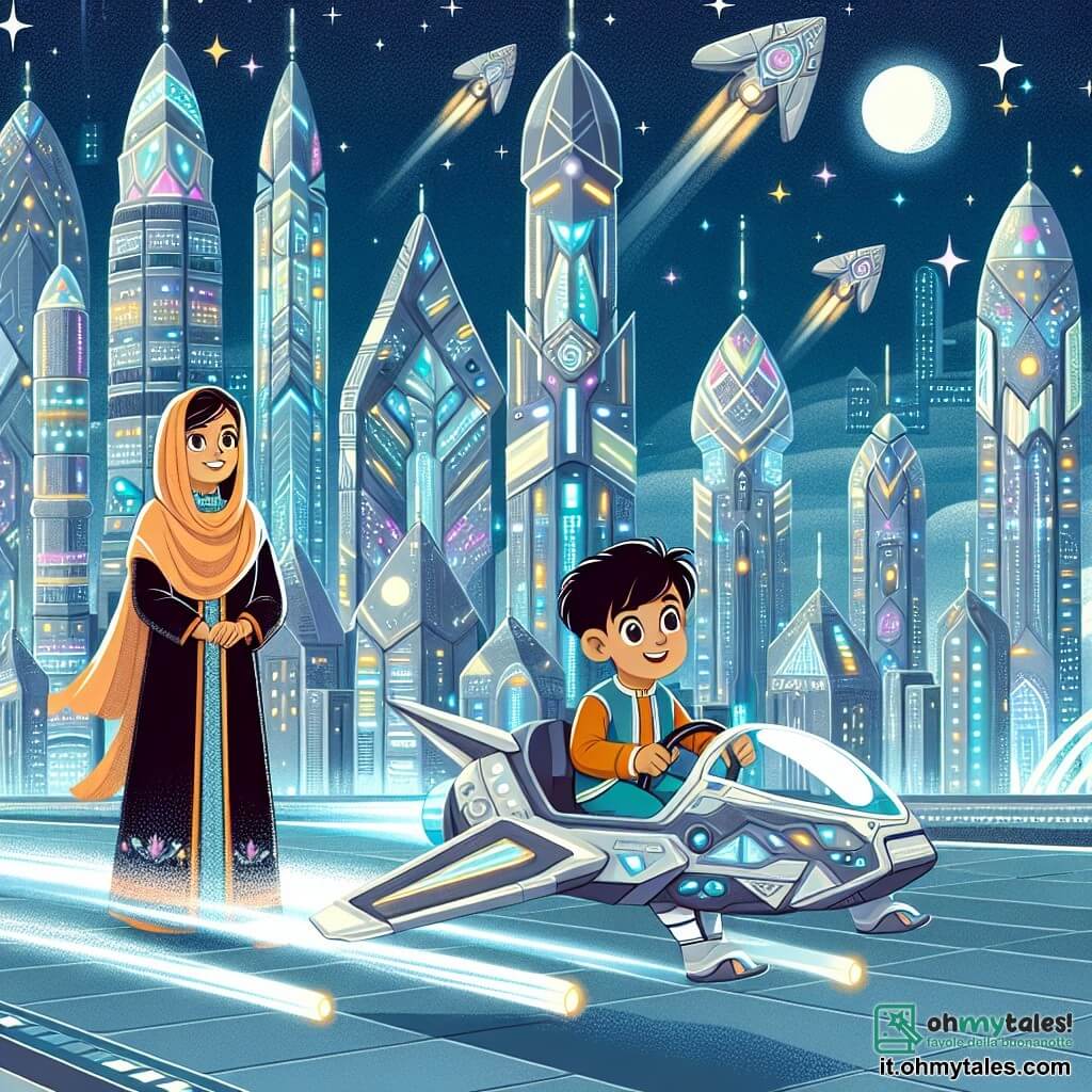 Une illustration destinée aux enfants représentant un garçon intrépide vivant dans une ville futuriste scintillante, qui participe à un concours de pilotage de véhicules volants, accompagné de sa mère bienveillante, dans la magnifique cité de Cristallia aux grattacieli scintillants et aux tuniche lumineuses.