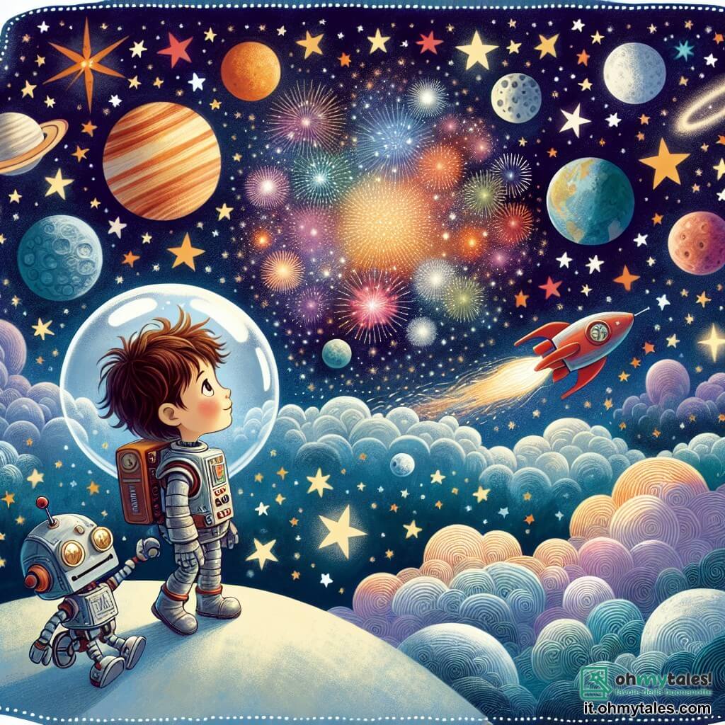 Une illustration destinée aux enfants représentant un jeune garçon rêveur, un astronaute courageux, accompagné d'un petit robot astucieux, explorant l'espace infini parmi des milliers d'étoiles scintillantes et des planètes colorées.