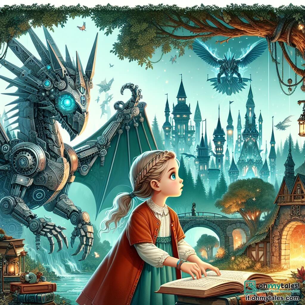 Une illustration destinée aux enfants représentant une jeune fille curieuse découvrant un ancien portail dimensionnel dans une forêt enchantée, accompagnée d'un dragon mécanique aux ailes d'acier, dans un royaume où la technologie futuriste se mêle à l'architecture ancestrale des châteaux et des cités volantes.