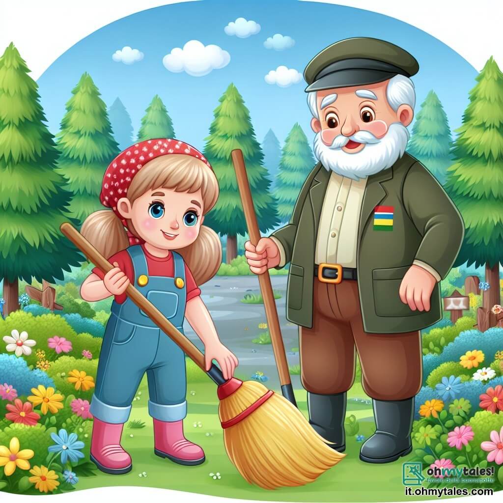 Une illustration destinée aux enfants représentant une petite fille passionnée par la nature, qui organise une grande opération de nettoyage écologique avec l'aide du sympathique maire du village, dans une magnifique forêt luxuriante aux arbres majestueux et aux fleurs colorées.