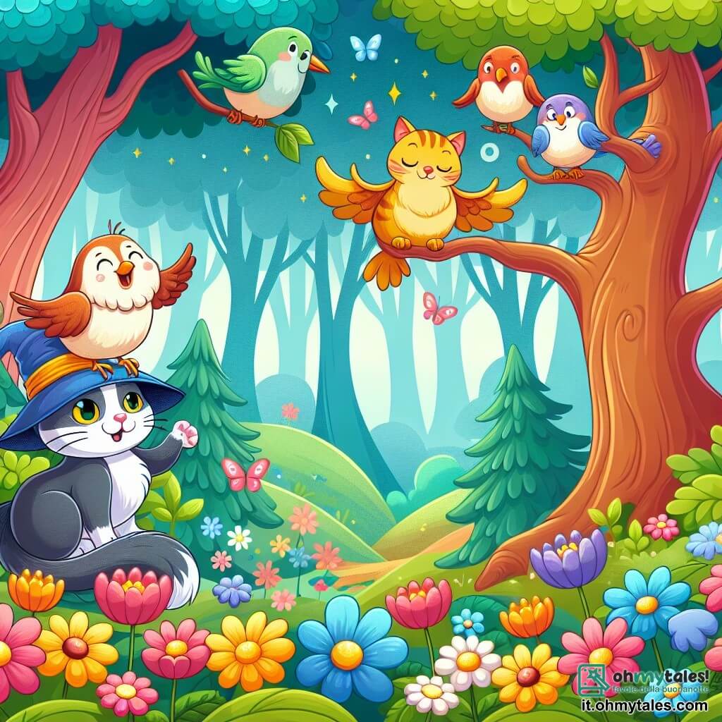 Une illustration destinée aux enfants représentant un chat malicieux, un oiseau sage, dans une forêt enchantée aux arbres majestueux et aux fleurs multicolores.