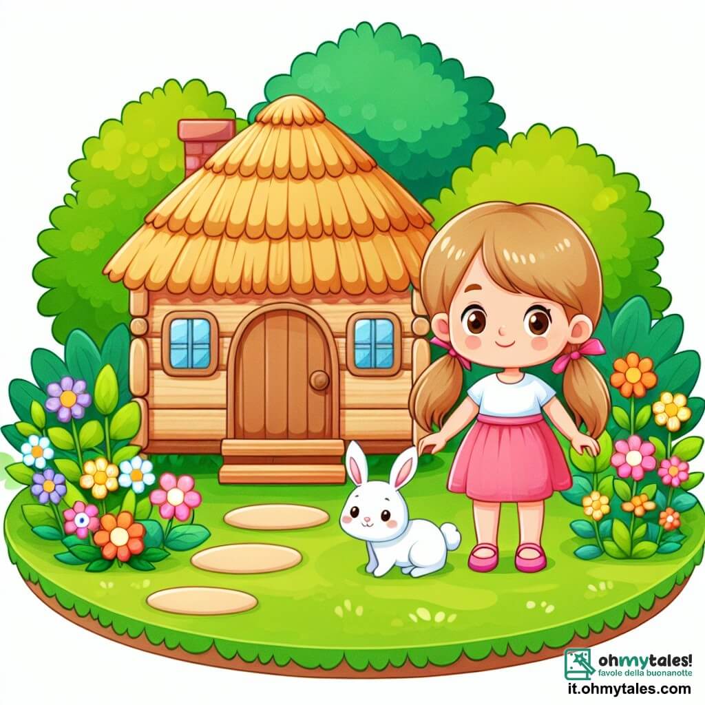 Une illustration destinée aux enfants représentant une fillette se tenant devant une maisonnette en bois au toit de chaume, avec un petit lapin blanc à ses côtés, dans un jardin luxuriant et coloré.