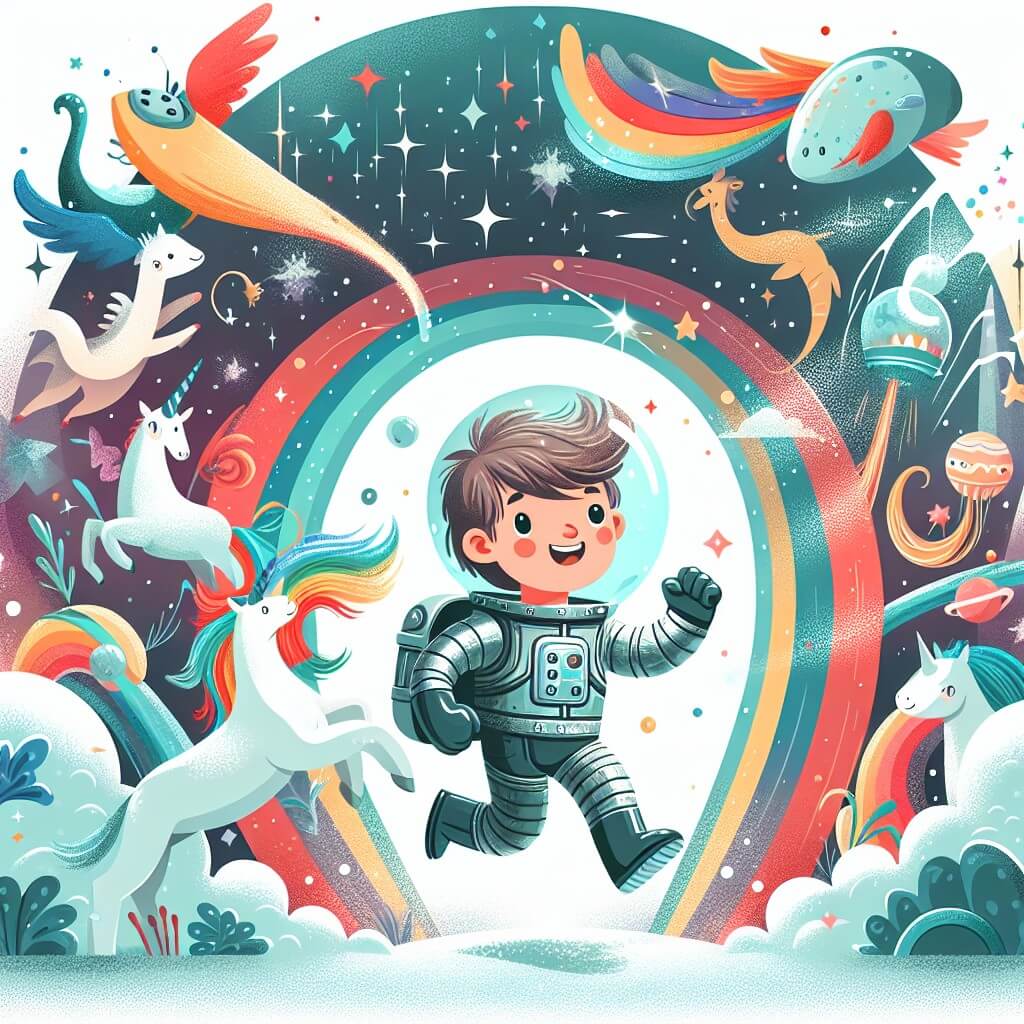Une illustration destinée aux enfants représentant un jeune garçon aux cheveux ébouriffés, vêtu d'une combinaison spatiale scintillante, qui explore un monde fantastique rempli de créatures magiques et de paysages célestes éblouissants.