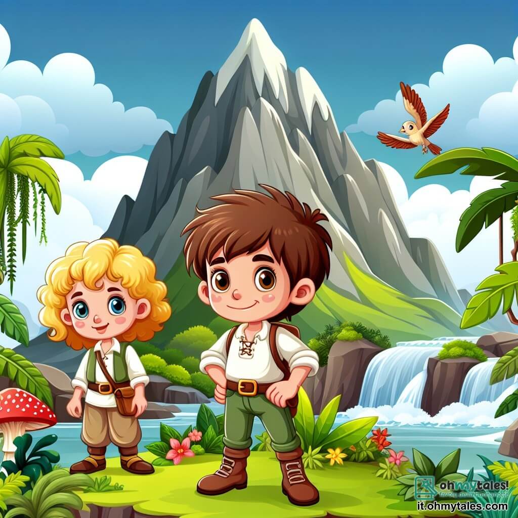 Une illustration destinée aux enfants représentant un jeune garçon intrépide se tenant devant une montagne escarpée, accompagné de sa fidèle amie, une fillette curieuse aux boucles dorées, dans une île luxuriante et mystérieuse regorgeant de végétation exotique et de cascades scintillantes.