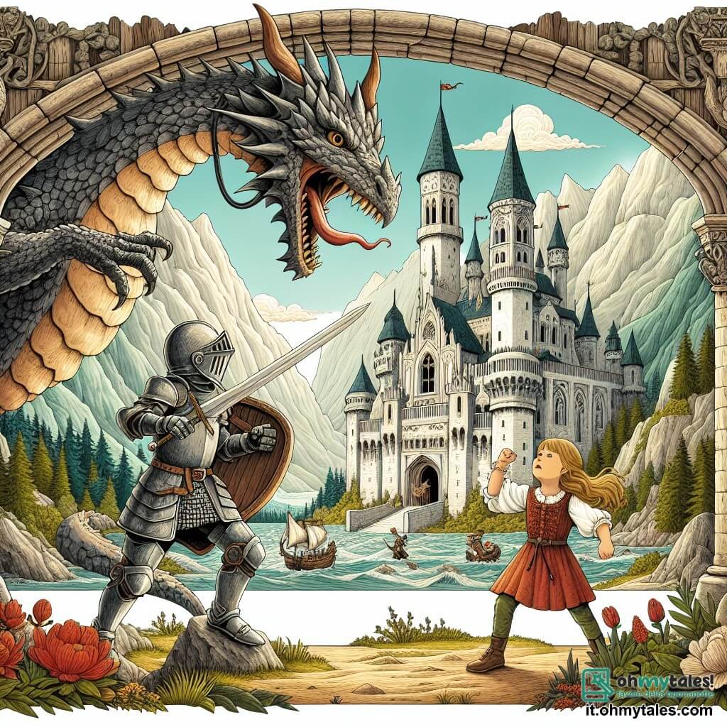 Une illustration destinée aux enfants représentant un jeune chevalier courageux affrontant un dragon redoutable avec l'aide d'une princesse intrépide, dans un château majestueux entouré de montagnes escarpées et de forêts mystérieuses.