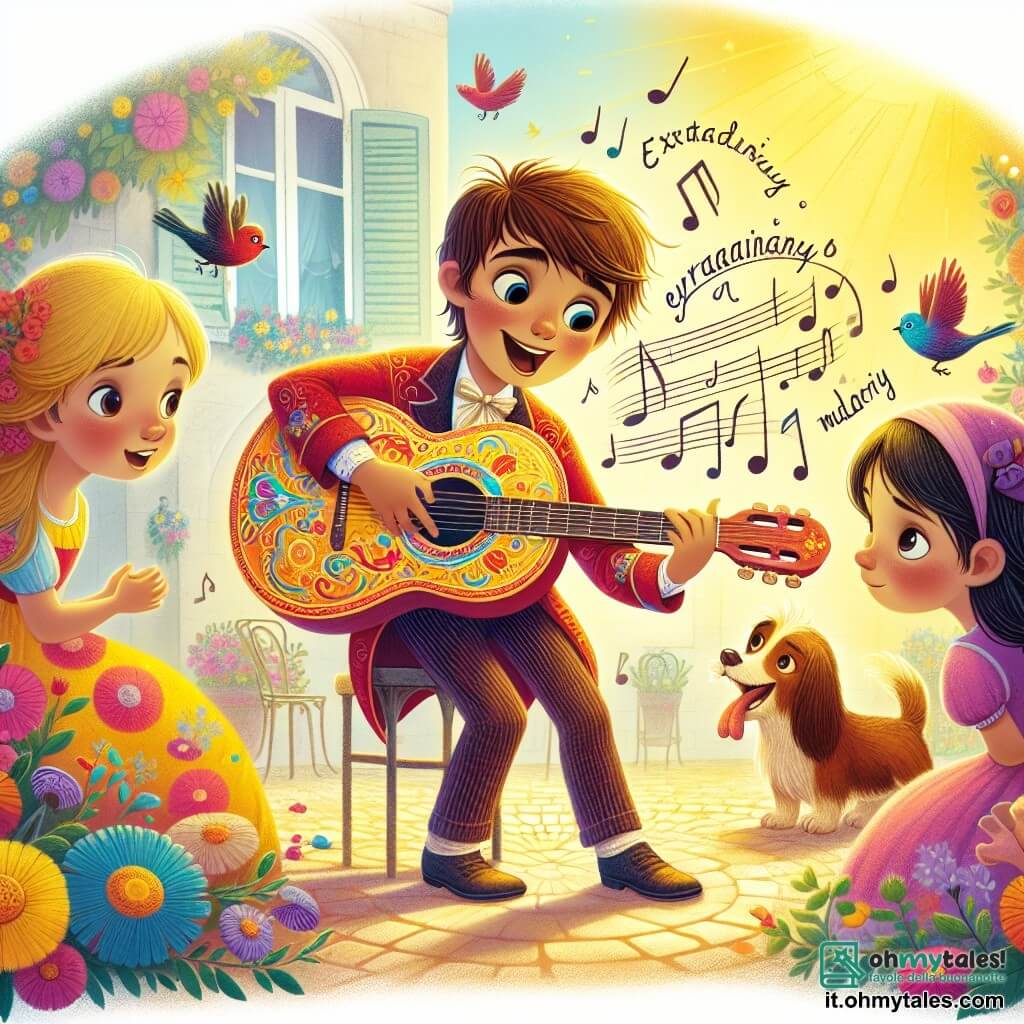 Une illustration destinée aux enfants représentant un chanteur et musicien extraordinaire, un garçon au cœur joyeux et à l'âme mélodieuse, jouant de sa guitare colorée, accompagné d'une fille curieuse et d'un chien espiègle, dans une piazza ensoleillée remplie de fleurs et d'oiseaux.