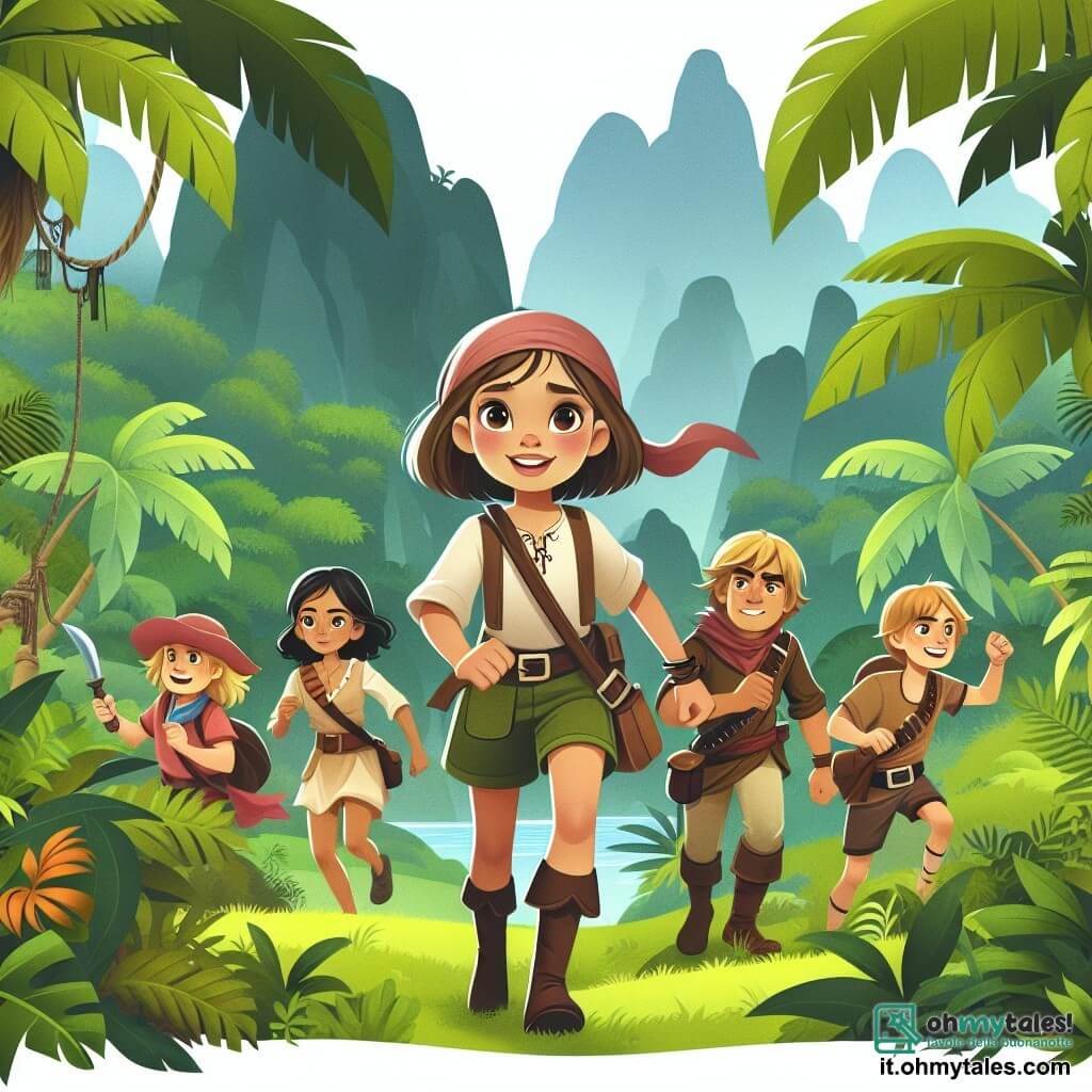 Une illustration destinée aux enfants représentant une petite fille intrépide, entourée de ses amis courageux, explorant une île tropicale luxuriante et mystérieuse.