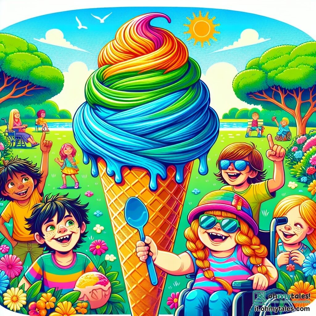 Illustrazione che rappresenta un parco soleggiato di Felicilandia, con alberi verdi, fiori colorati e un cielo blu brillante. Al centro, un grande cono di gelato dai colori vivaci, con strati di gelato blu elettrico, verde fosforescente, arancione brillante e rosa shocking, che sembra quasi magico. Un ragazzo di circa 8 anni, con capelli castani disordinati e un sorriso birichino, tiene un cucchiaio in aria, pronto a gustare il gelato. Accanto a lui, una ragazza di 7 anni, con lunghi capelli biondi intrecciati, ride mentre si strofina il naso con un po' di gelato. Un altro ragazzo, di circa 9 anni, con capelli neri e occhiali, guarda il cono con occhi spalancati, mentre una ragazza di 8 anni, con occhiali da sole e un cappello colorato, si prepara a prendere un boccone. In primo piano, una bambina in sedia a rotelle, con capelli castani e un grande sorriso, incoraggia i suoi amici a partecipare alla gara di gelato. L'atmosfera è gioiosa e piena di risate, con esplosioni di colori vivaci e schizzi di gelato che volano nell'aria, simboleggiando l'amicizia e la sfida divertente che affrontano insieme.