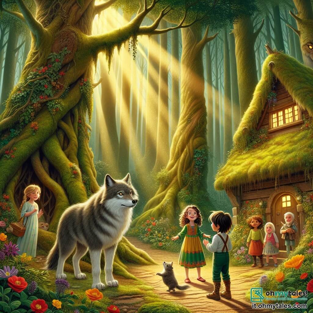 Illustrazione che rappresenta una scena magica in una foresta densa e misteriosa, dove grandi alberi dai tronchi nodosi si ergono verso il cielo, le loro foglie verdi filtrano la luce del sole in riflessi dorati. Al centro della scena, un grande lupo dal pelo grigio e dagli occhi tristi si trova davanti a una piccola casa di legno, coperta di muschio, circondata da fiori colorati. A sinistra, una ragazza di circa 8 anni, con capelli ricci e occhi vivaci, indossa un vestito colorato e guarda il lupo con curiosità e compassione. Accanto a lei, un ragazzo di 9 anni, con capelli castani disordinati e un sorriso malizioso, tiene una chitarra di legno, pronto a suonare per calmare il lupo. Dietro di loro, un altro ragazzo di 10 anni, con una gamba di legno e uno sguardo determinato, si avvicina al lupo con un gesto amichevole, mentre una ragazza di 7 anni, con capelli lunghi e lisci, osserva la scena con meraviglia. La situazione principale mostra i bambini che, invece di fuggire, si avvicinano al lupo con benevolenza, pronti ad accoglierlo nel loro mondo. Raggi di sole filtrano tra i rami, illuminando la scena con un'atmosfera calda e accogliente, mentre uccelli colorati volano intorno, aggiungendo un tocco di vita a questo incontro inaspettato.