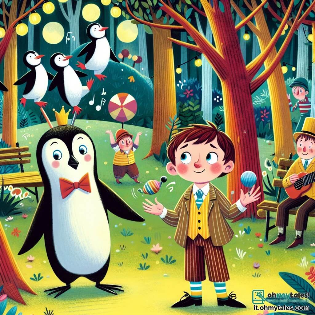 Une illustration destinée aux enfants représentant un garçon curieux, un pingouin jongleur, dans un parc enchanté rempli d'arbres dansants et de bancs chantants.