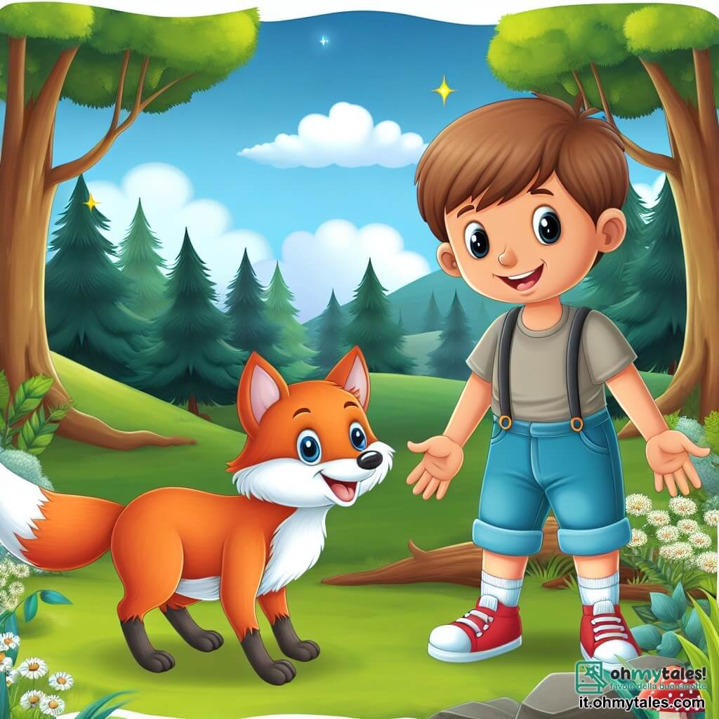 Une illustration destinée aux enfants représentant un garçon souriant, faisant une rencontre inattendue avec une volpe curieuse dans un bosco magico, pendant ses vacances d'été.