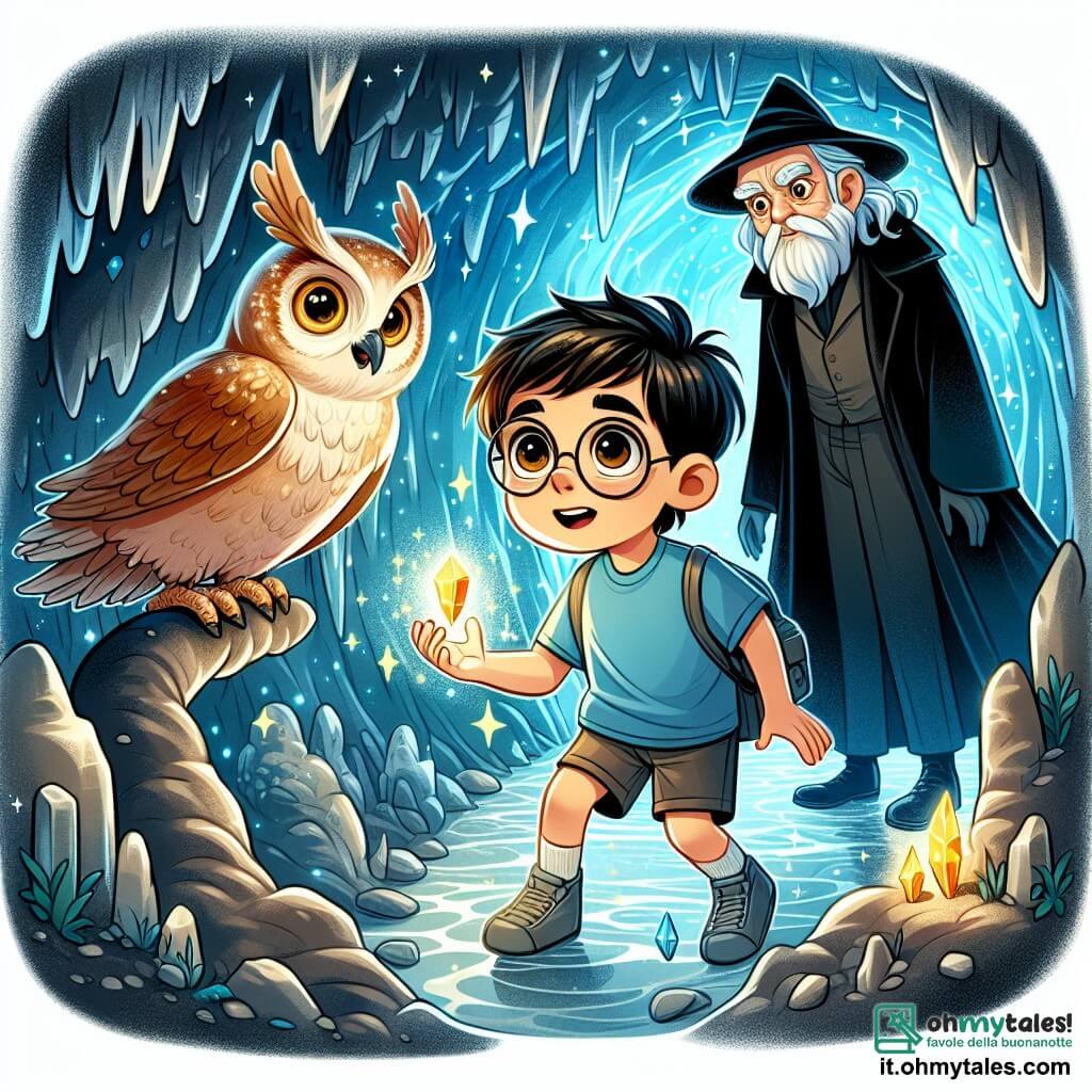 Une illustration sous forme de dessin destinée aux enfants représentant une caverne mystérieuse aux parois scintillantes, où un garçon de 11 ans aux cheveux châtains et aux yeux pétillants, vêtu d'un t-shirt bleu et d'un short, tient un cristallo brillant dans ses mains, tandis qu'à ses côtés, un garçon de 11 ans aux cheveux noirs et aux lunettes rondes, avec une expression d'émerveillement, observe un vieux gufo sage perché sur une stalagmite, alors qu'ils se préparent à affronter un homme mystérieux en manteau sombre qui les menace, créant une atmosphère d'aventure et de magie.