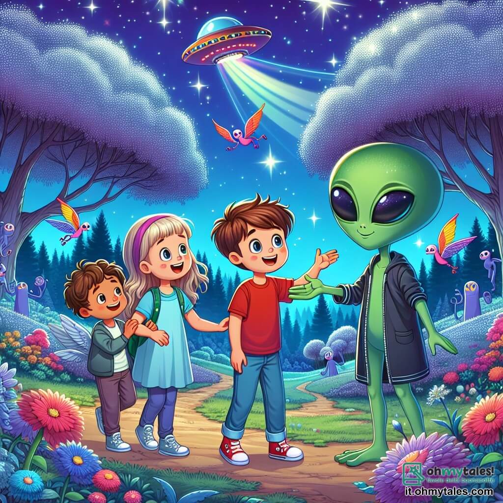 Illustrazione che rappresenta un paesaggio da favola sul Pianeta Zora, con alberi dalle foglie argentate che brillano sotto un cielo viola punteggiato di stelle luminose. In primo piano, tre bambini: un ragazzo di circa 10 anni, con capelli castani arruffati e una maglietta rossa, che guarda con meraviglia un extraterrestre. Accanto a lui, una ragazza di 9 anni, con capelli lunghi e biondi, che indossa un vestito blu, sorride felicemente tenendo la mano del suo amico. Un altro ragazzo, di 11 anni, con capelli castani e una felpa verde, punta il dito verso un'astronave colorata che fluttua sopra di loro. La scena principale mostra i bambini che interagiscono con un extraterrestre amichevole, con pelle verde e grandi occhi rotondi, che sorride e gesticola per accoglierli. Sullo sfondo, creature alati volano graziosamente e fiori multicolori sbocciano attorno a loro, aggiungendo un tocco di magia alla scena. L'atmosfera è gioiosa e amichevole, illustrando la meraviglia e l'amicizia tra i bambini e i loro nuovi amici extraterrestri.