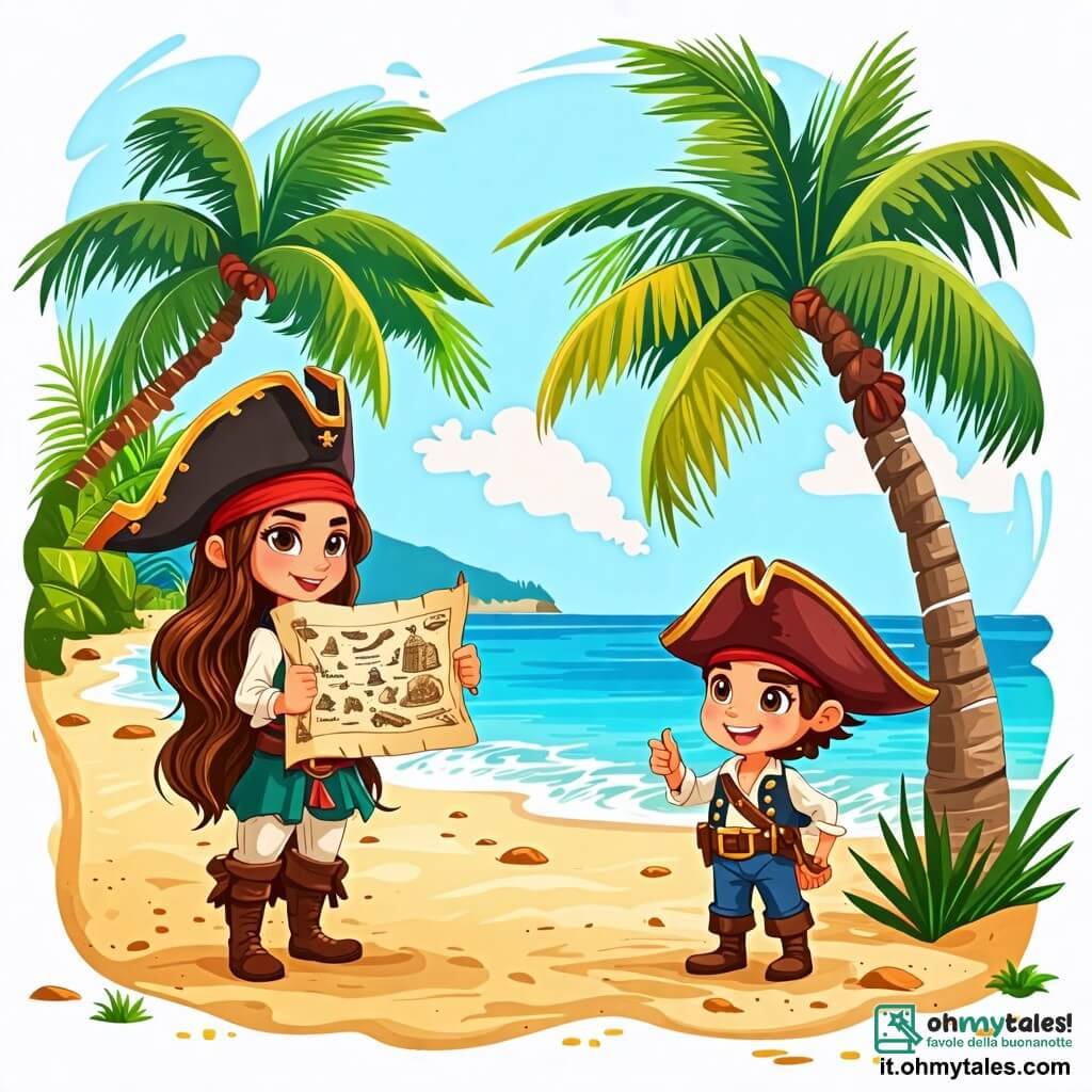 Une illustration sous forme de dessin destinée aux enfants représentant une île tropicale avec des palmiers et une plage dorée, où une courageuse piratessa aux longs cheveux bruns et aux yeux pétillants, brandissant une carte au trésor, se tient fièrement devant un grand arbre de cocotier, tandis qu'un gentil géant au sourire amical et une jeune pirate aux cheveux courts et aux yeux curieux l'observent, tous prêts à affronter un groupe de pirates rivaux menaçants, créant une atmosphère d'aventure et de camaraderie sur fond de ciel bleu éclatant.