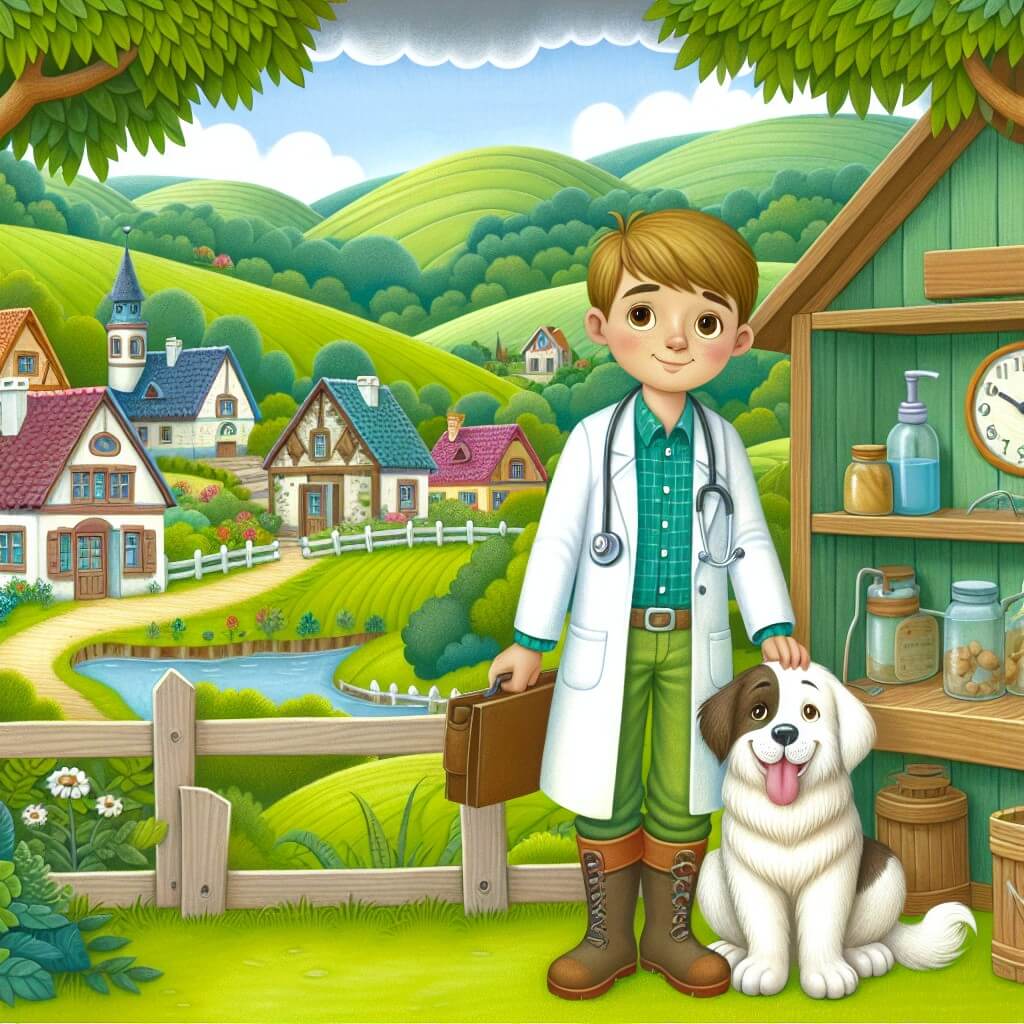 Une illustration destinée aux enfants représentant un jeune homme passionné par les animaux, travaillant comme vétérinaire dans un charmant village entouré de collines verdoyantes, accompagné de son fidèle chien assistant, dans une clinique vétérinaire colorée et accueillante.