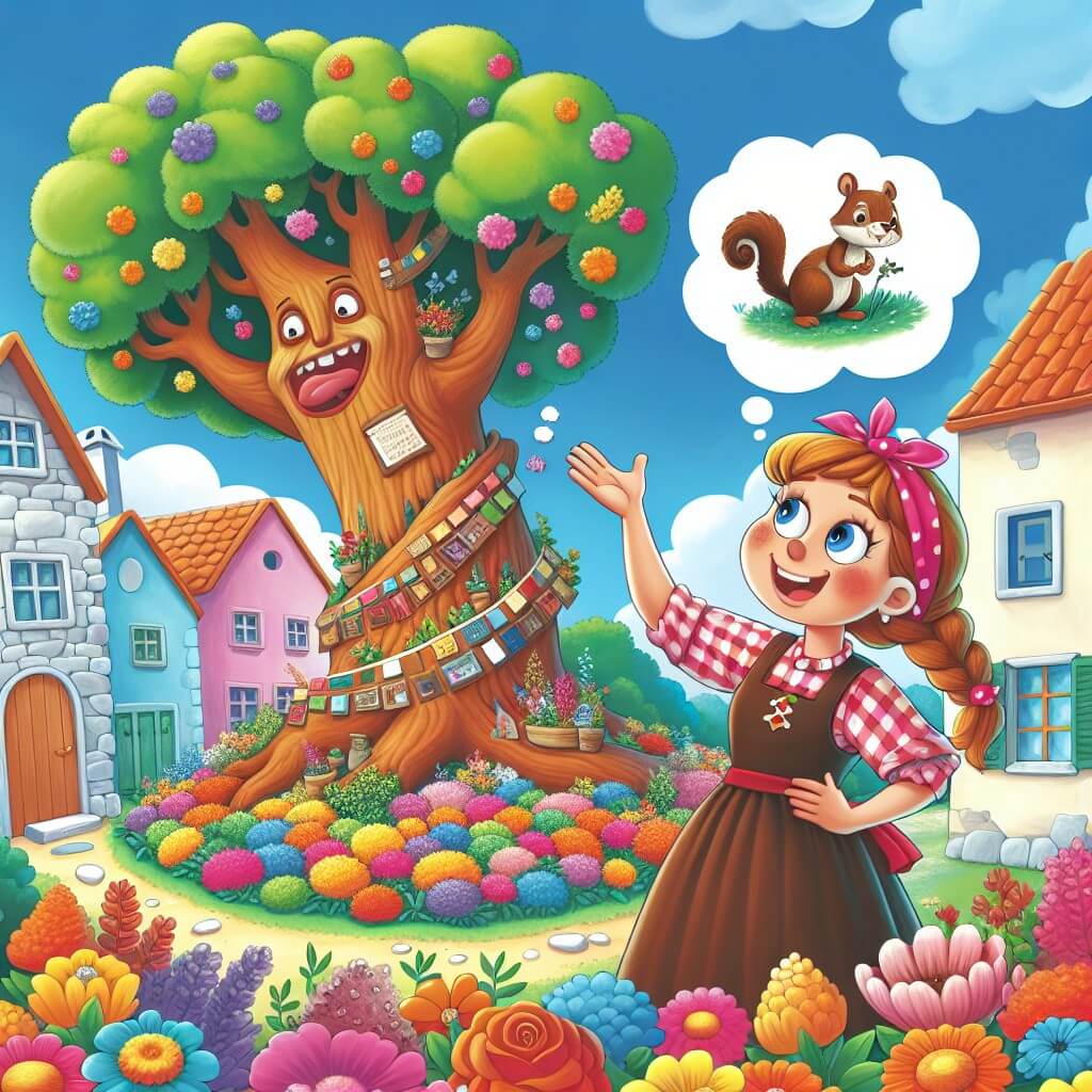 Une illustration destinée aux enfants représentant une femme inventive et joyeuse, piégée dans son jardin enchanteur par un arbre géant, accompagnée d'un adorable écureuil parlant, dans la petite ville colorée de Campofiore.