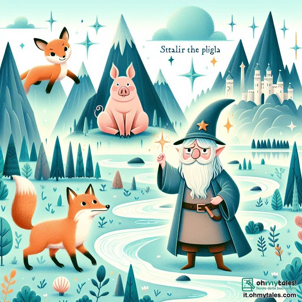 Une illustration destinée aux enfants représentant un jeune sorcier maladroit transformé en maialino, accompagné d'une volpe astuta, dans le magico regno di Stellaria, avec ses foreste incantate, fiumi cristallini e montagne che sembrano toccare il cielo.