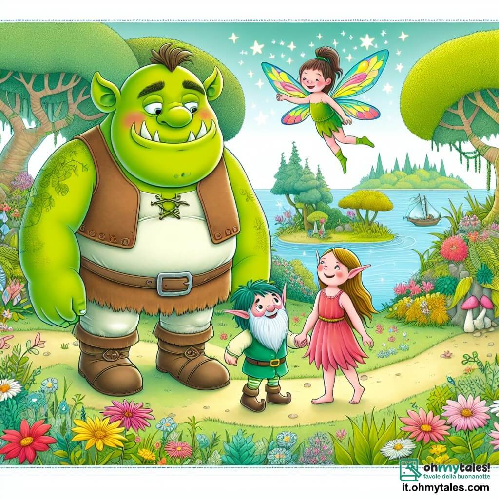 Une illustration destinée aux enfants représentant un ogre au grand cœur, accompagné d'un petit elfe et d'une fée lumineuse, explorant l'Isola Incantata, un paradis de prairies fiories, de bosquets enchantés et de créatures magiques.