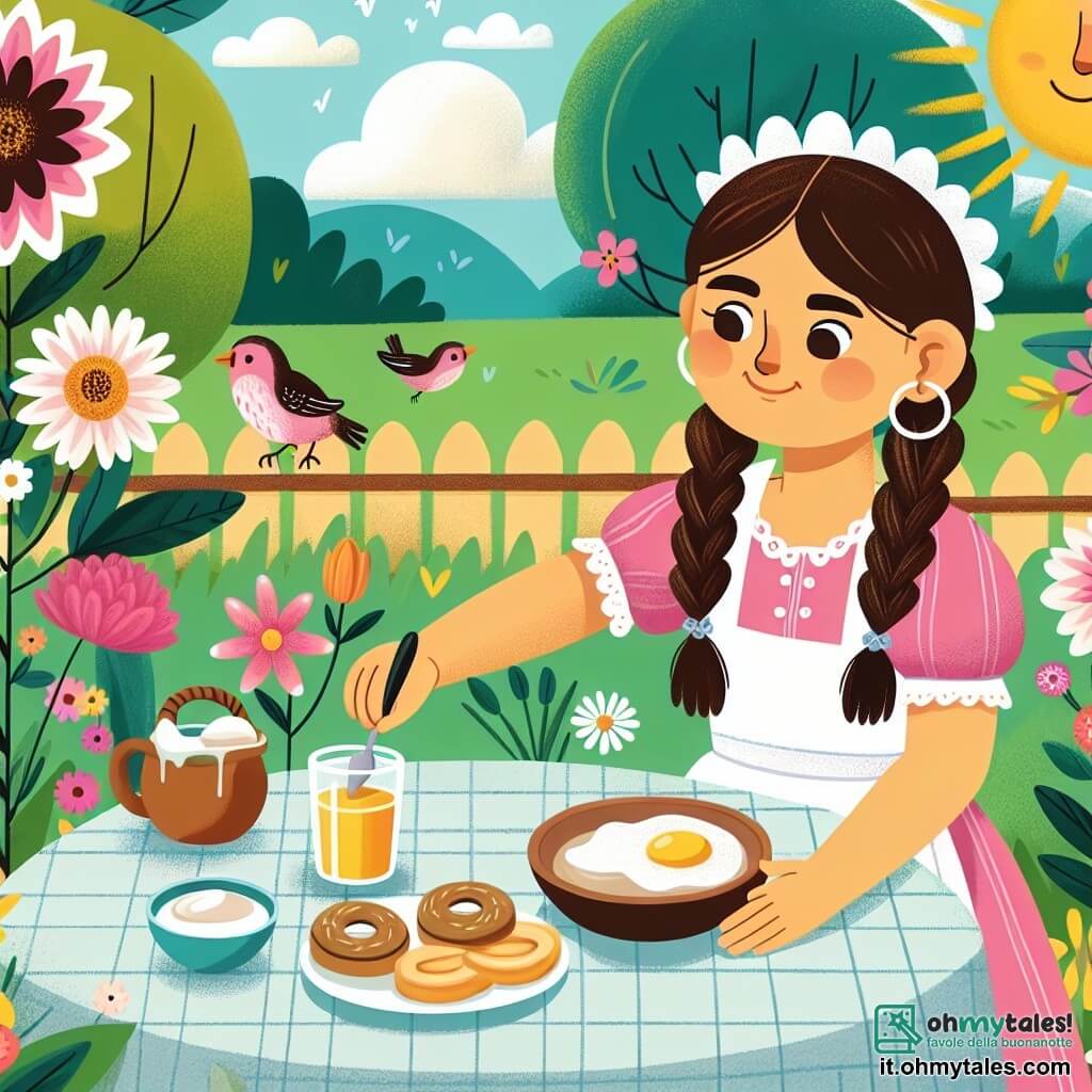 Une illustration destinée aux enfants représentant une jeune fille préparant une délicieuse colazione à sa maman avec des fleurs et des oiseaux dans un jardin ensoleillé.