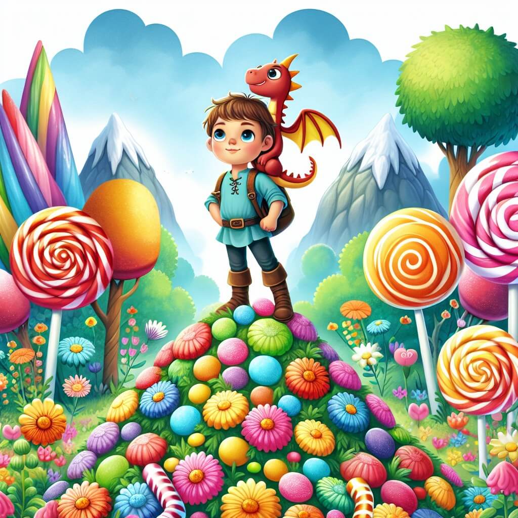 Une illustration destinée aux enfants représentant un jeune garçon courageux se tenant au sommet d'une montagne de bonbons, accompagné d'un petit dragon en peluche, dans un jardin enchanté rempli de fleurs géantes aux couleurs vives et d'arbres en forme de sucettes acidulées.