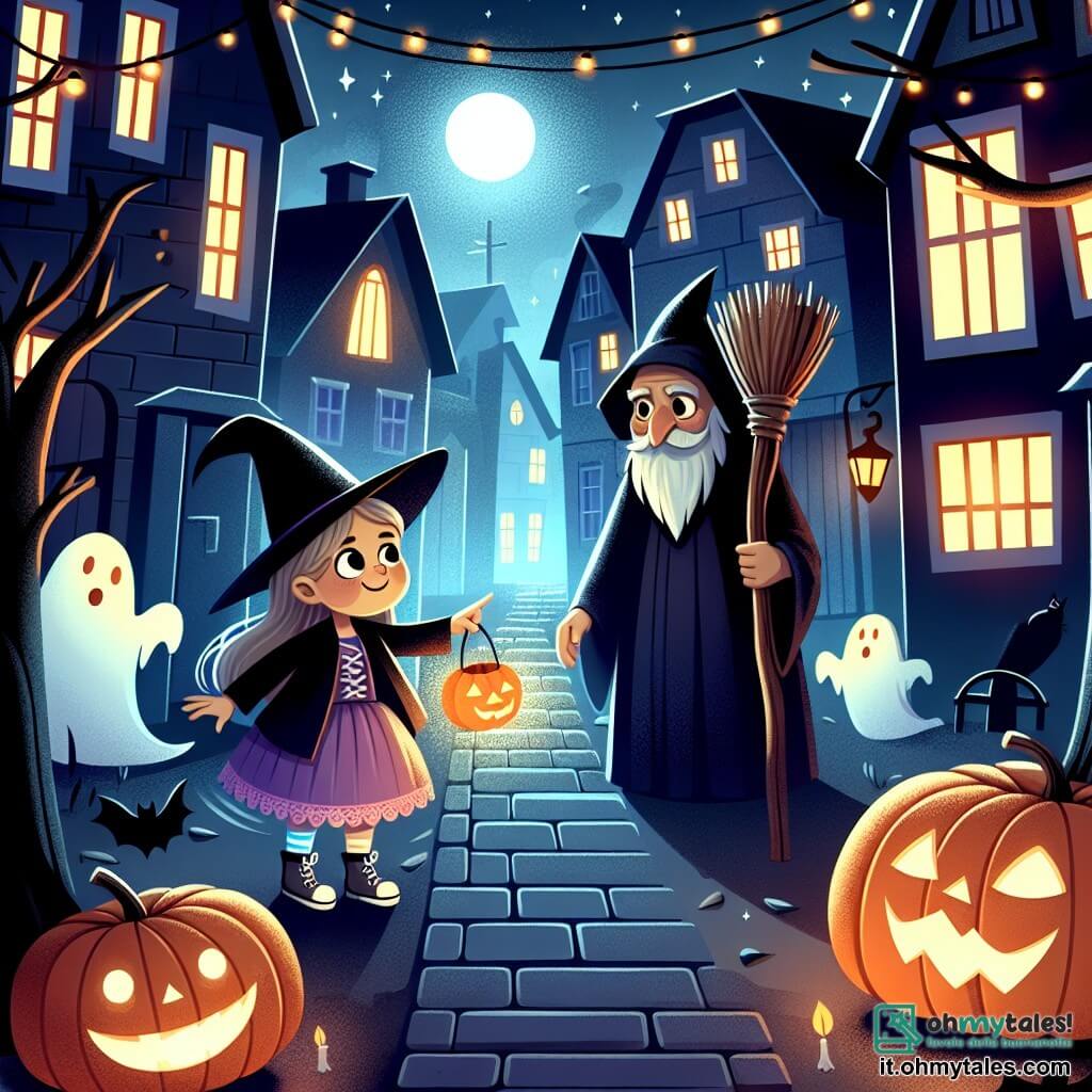 Une illustration destinée aux enfants représentant une jeune fille déguisée en sorcière, découvrant un mystérieux vicolo sombre et étroit, accompagnée par une lueur sinistre et une vieille strega, dans un quartier de maisons décorées de citrouilles lumineuses et de fantômes en papier.