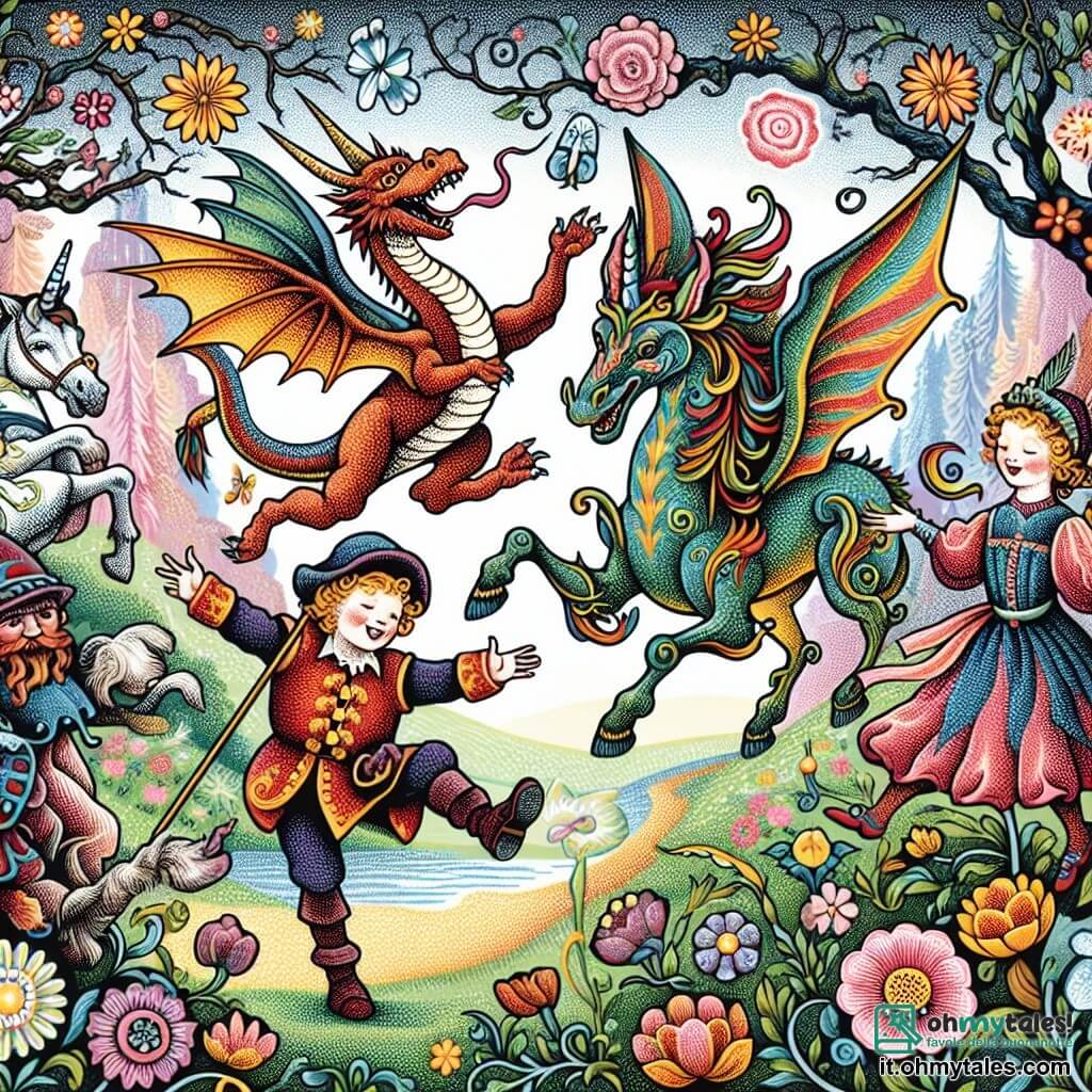 Une illustration destinée aux enfants représentant un dragon farceur, une licorne joyeuse, et une fée espiègle, évoluant dans une vallée enchantée aux couleurs chatoyantes, entre fleurs dansantes et arbres chuchotants.